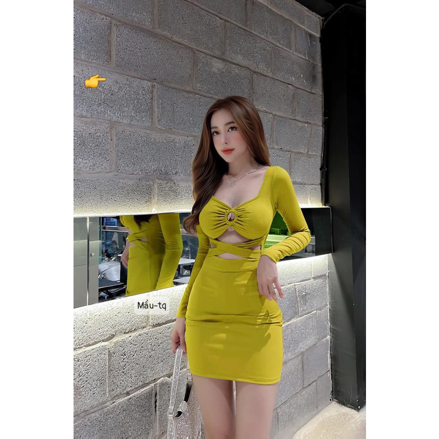 Đầm tay dài cổ vuông khoen ngực hở eo 2 dây chéo cực sexy , chất thun gân mềm mịn mát
