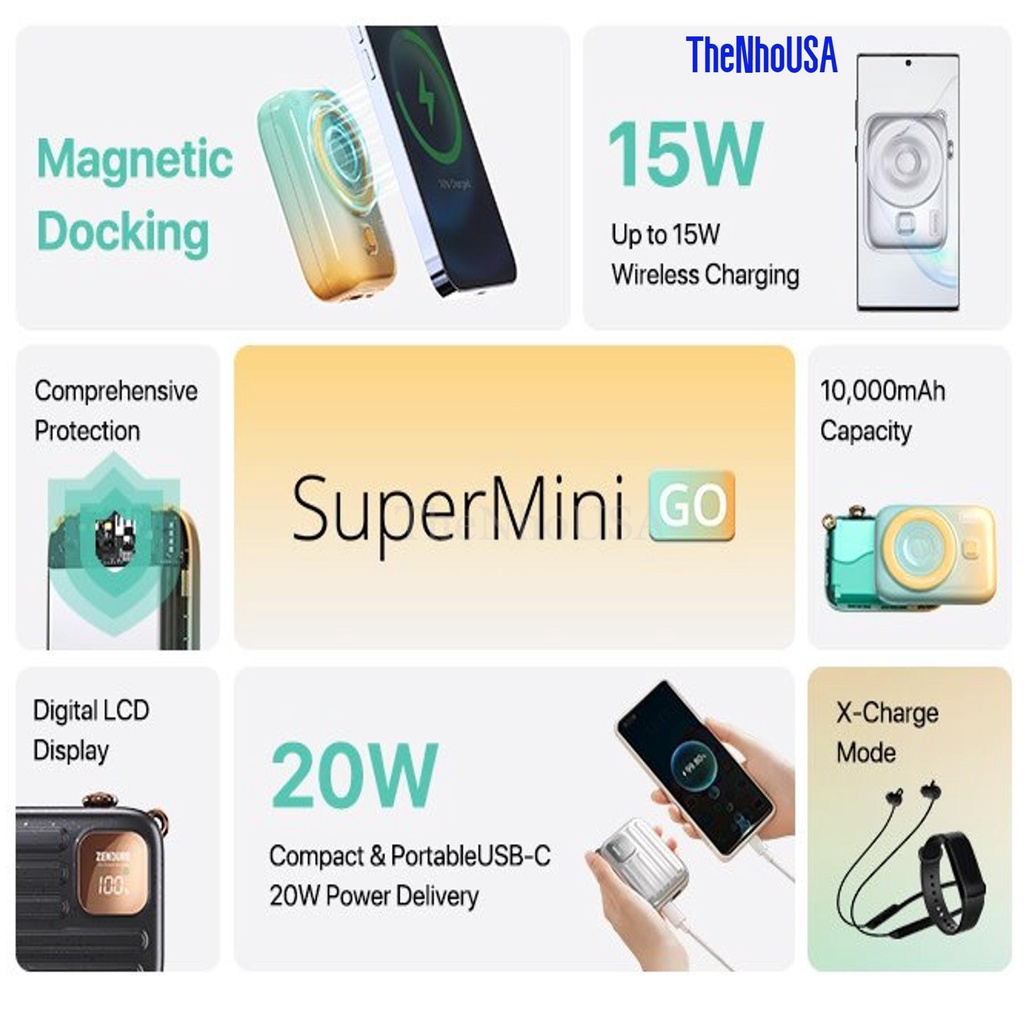 Pin dự phòng không dây Zendure Supermini Go - 20W - PD/QC - Magsafe 10.000mAh