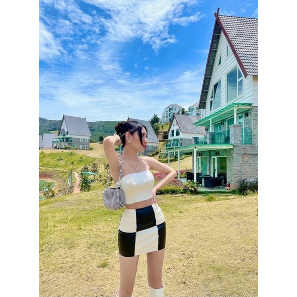 Set Áo cúp ngực 2 lớp áo 2 dây croptop mix chân váy caro xinh chất lượng mặc là có người yêu