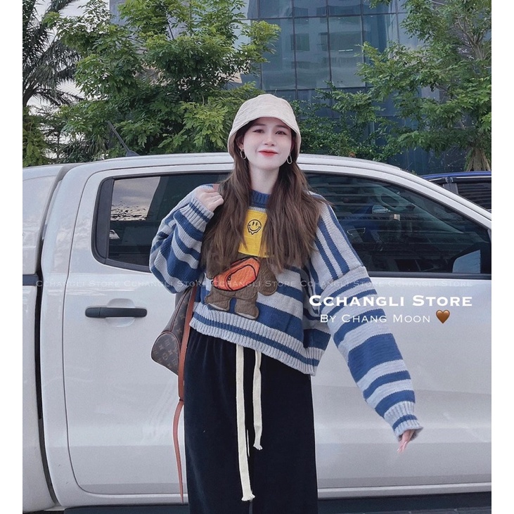 [Ảnh thật/Video]Áo len kẻ xanh dáng ngắn hình vịt vàng