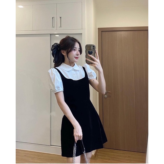 Váy nhung cổ sen cúc ngọc dáng xoè nhẹ - màu đen