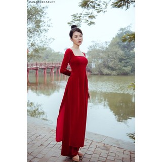 Áo dài nhung đỏ cổ U