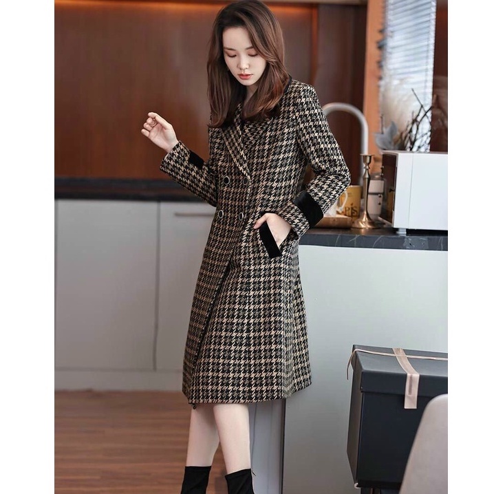 Áo Dạ Tweed Dáng Dài, Áo Khoác Măng Tô Nữ Dáng Dài Cổ Vest Phối Caro Thanh Lịch Cao Cấp Quảng Châu HD47