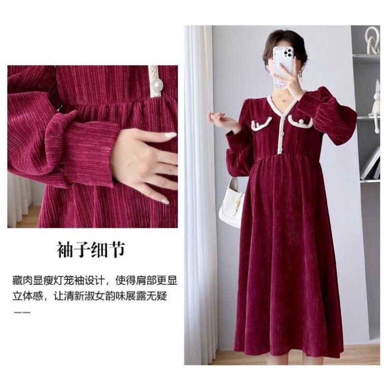 Váy Bầu Chất Nhung Tăm-cổ v,dáng tiểu thư -phong cách Hàn Quốc siêu xinh-phù hợp mặc thu đông -freesize 43-68kg