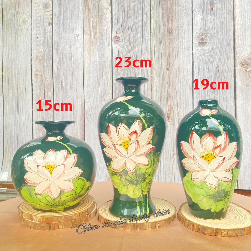Lọ Hoa Decor Bộ Bình Hút Lộc - BÁT TRÀNG men bóng vàng đỏ cô-ban , họa tiết hoa vẽ tay cao 25,19,15cm - GỐM SỨ TUTI