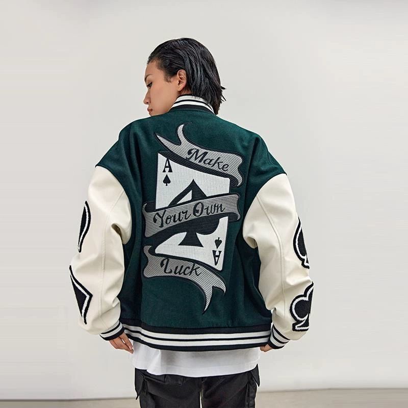 Áo Khoác Bóng Chày Dáng Rộng Thêu Lá Bài Poker Kiểu Mỹ Cá Tính Cho Nam Và Nữ varsity jacket varsity áo varsity jacket áo varsity bomber varsity áo khoác varsity varsity jacket nam varsity nam