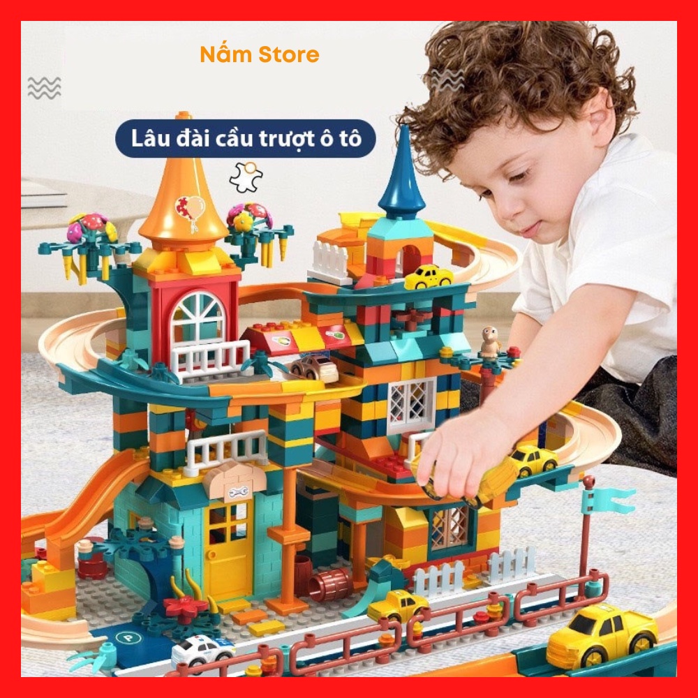 Đồ chơi lego xếp hình lâu đài cầu trượt có ô tô cho bé trai, bé gái giúp bé phát triển trí tuệ