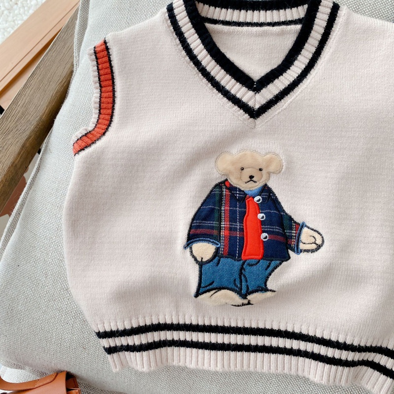 Áo Sweater Dệt Kim Sát Nách In Hình Gấu Hoạt Hình Thời Trang Thu Đông Cho Bé