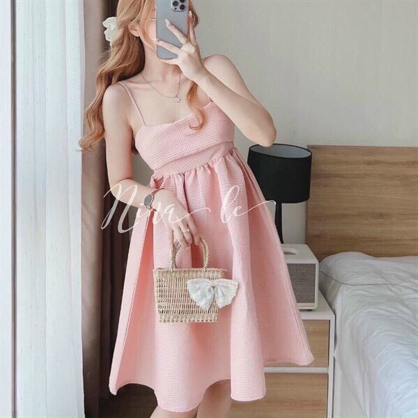 [11.11 Sale Freeship] Đầm tiểu thư nữ,đầm for chất  xốp hai dây dáng xòe thắt nơ sau lưng đi chơi dạo phố xinh xắn mtb