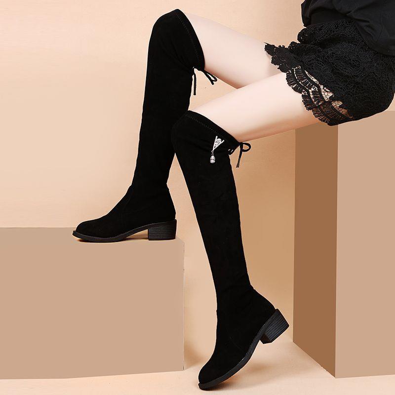Giày Bốt Cao Gót Cổ Cao Qua Gối Lót Nhung Dày Co Giãn Thời Trang Thu Đông Mới Cho Nữ