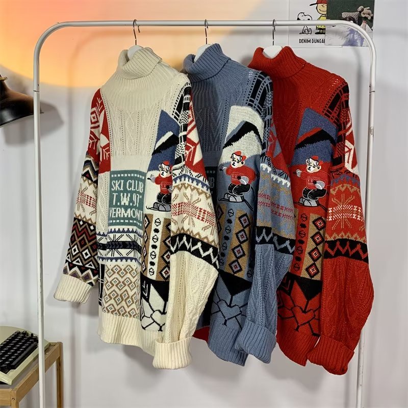 ✦ AFFLIGA ✦Áo Sweater Cổ Cao In Họa Tiết Hoạt Hình Giáng Sinh Thời Trang Mùa Đông 3 Màu Lựa Chọn Cho Nam