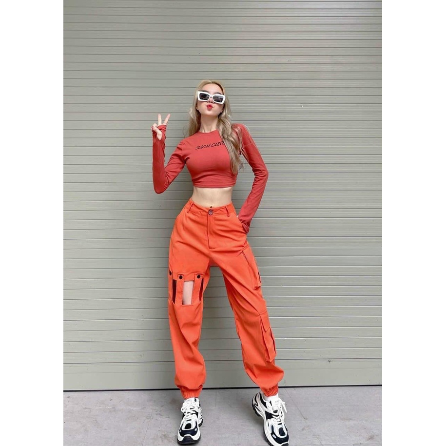 SET ÁO CROPTOP TAY DÀI + QUẦN KHOÉT ĐÙI CÁ TÍNH CHẤT LỪ S138 (TÁO ĐỎ BIGSIZE 55-90KG) 🍎🍎🍎