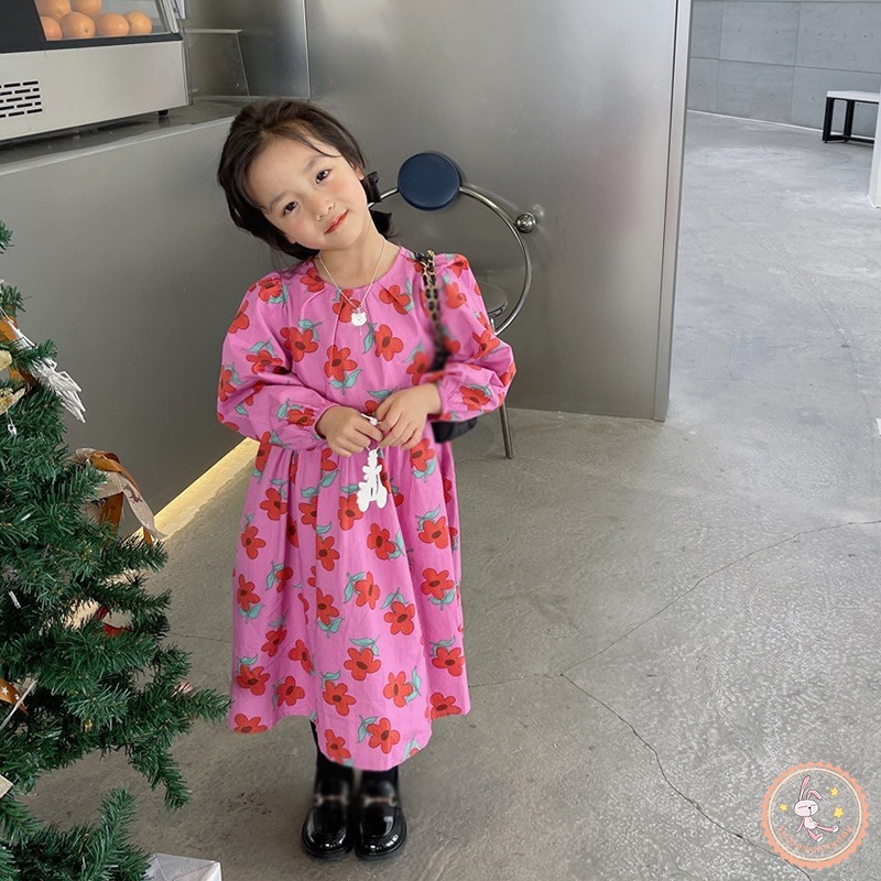 Đầm Tay Dài Cổ Tròn In Hoa Cho Bé Gái