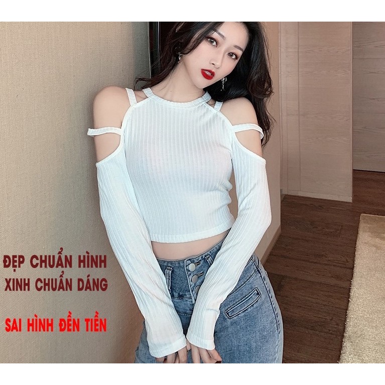 Áo croptop nữ trễ vai tay dài ôm body gợi cảm, crt kiểu hàn quốc màu đen trắng dưới 55 kg