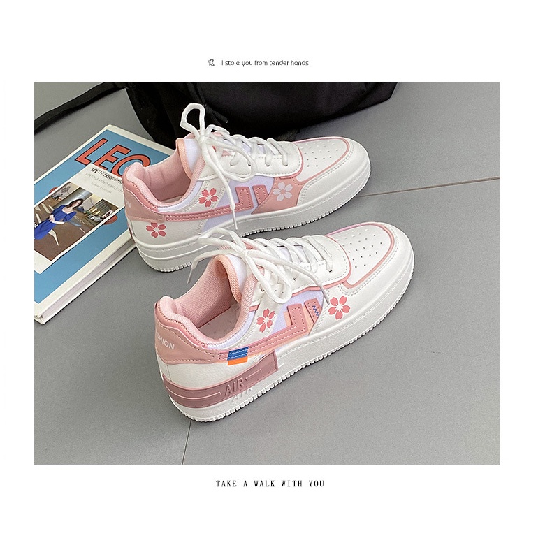 Giày Thể Thao Trắng Hồng Họa Tiết Hoa Nhỏ Phong Cách Hàn Quốc Cho Nữ