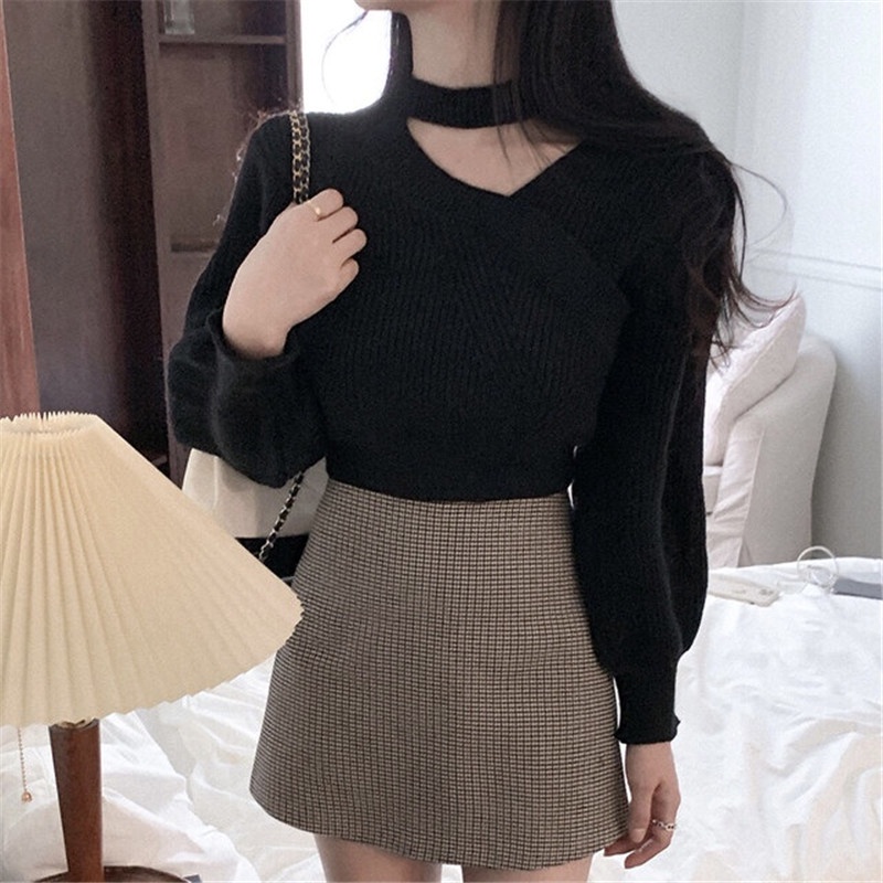 Áo dệt kim SUXI dài tay cổ chữ V trễ vai gợi cảm cho nữ