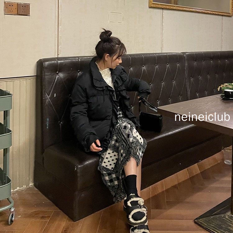 Neinei Chân Váy Len Dáng Chữ a Lưng Cao Họa Tiết Sọc Caro Xẻ Tà Thời Trang Mùa Thu