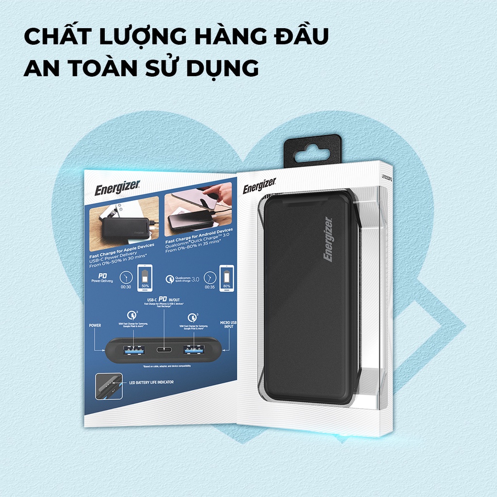 Sạc dự phòng Energizer 10000mAh UE10052PQ - 3 cổng sạc tiện lợi, tích hợp sạc nhanh 2 chiều - Hàng chính hãng