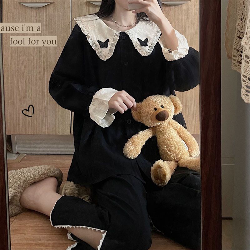 Bộ Đồ Ngủ Dài Tay Màu Đen Đính Nơ Thời Trang Xuân Thu Cho Nữ