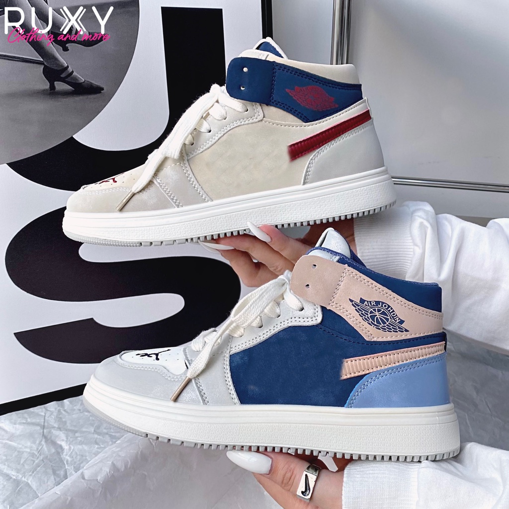 Giày Sneaker Thể Thao Nữ Cao Cấp AJ 1 Da Lì Xám Vệt Đỏ - Xanh Vệt Hồng Cổ Cao