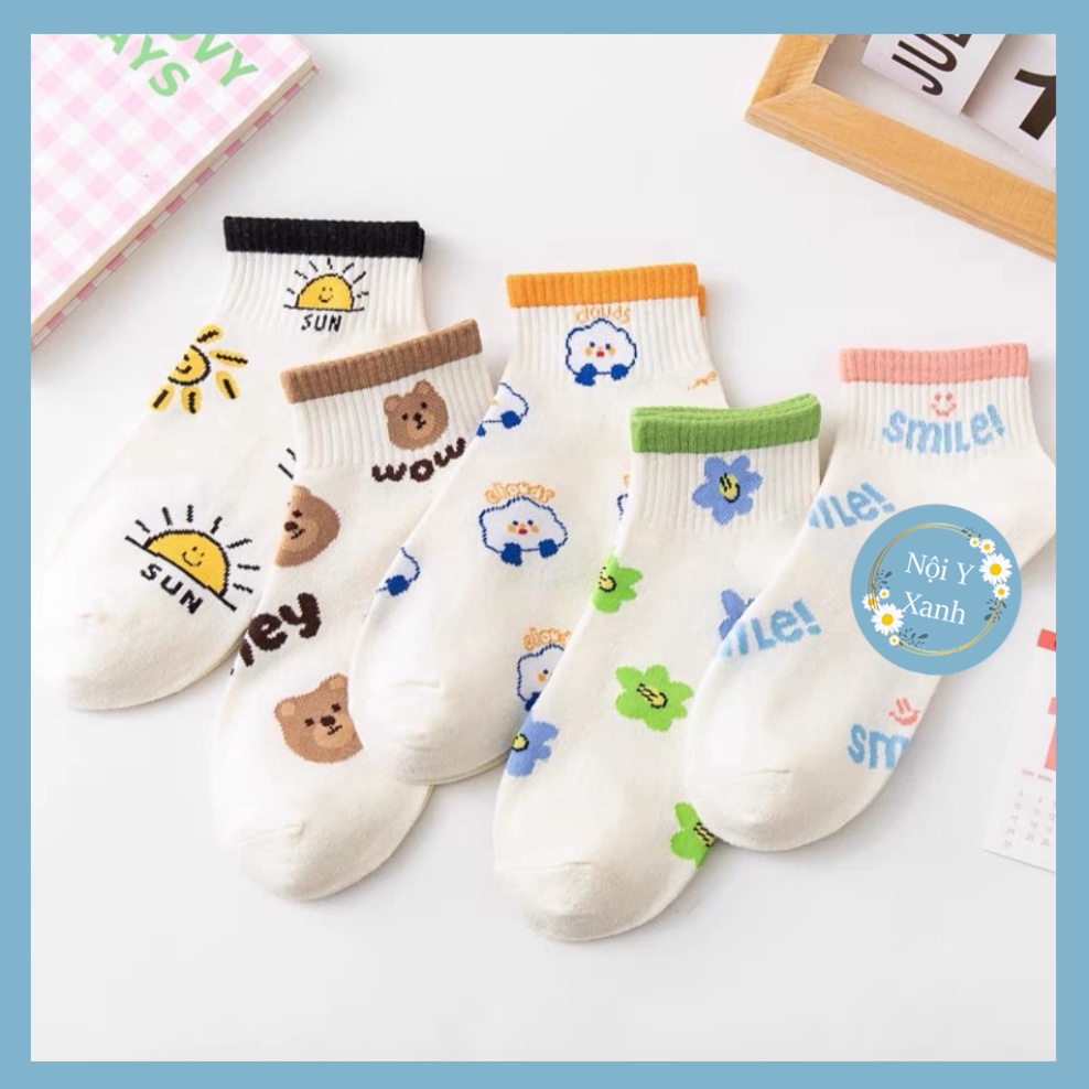 Tất Smile cổ ngắn nữ, vớ nữ chất vải cotton co và giãn bốn chiều thoáng khí tt6 nội y xanh, chất ấm, thoáng khí