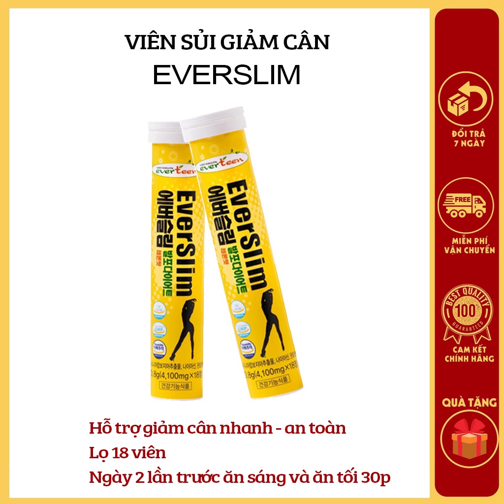 Viên sủi giảm cân cấp tốc EverSlim Sủi Giảm Cân Hàn Quốc chính hãng Tuýp 18 viên cho người lờn thuốc