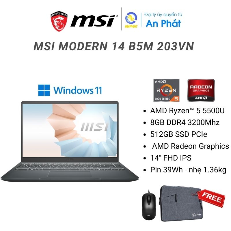 Laptop MSI Modern 14 B5M 203VN (Ryzen 5-5500U + 14" FHD)
