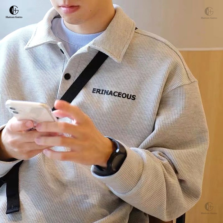 COD OOTD Áo thun polo Hatton Gutto dài tay dáng rộng phong cách Hàn Quốc đơn giản cho nam