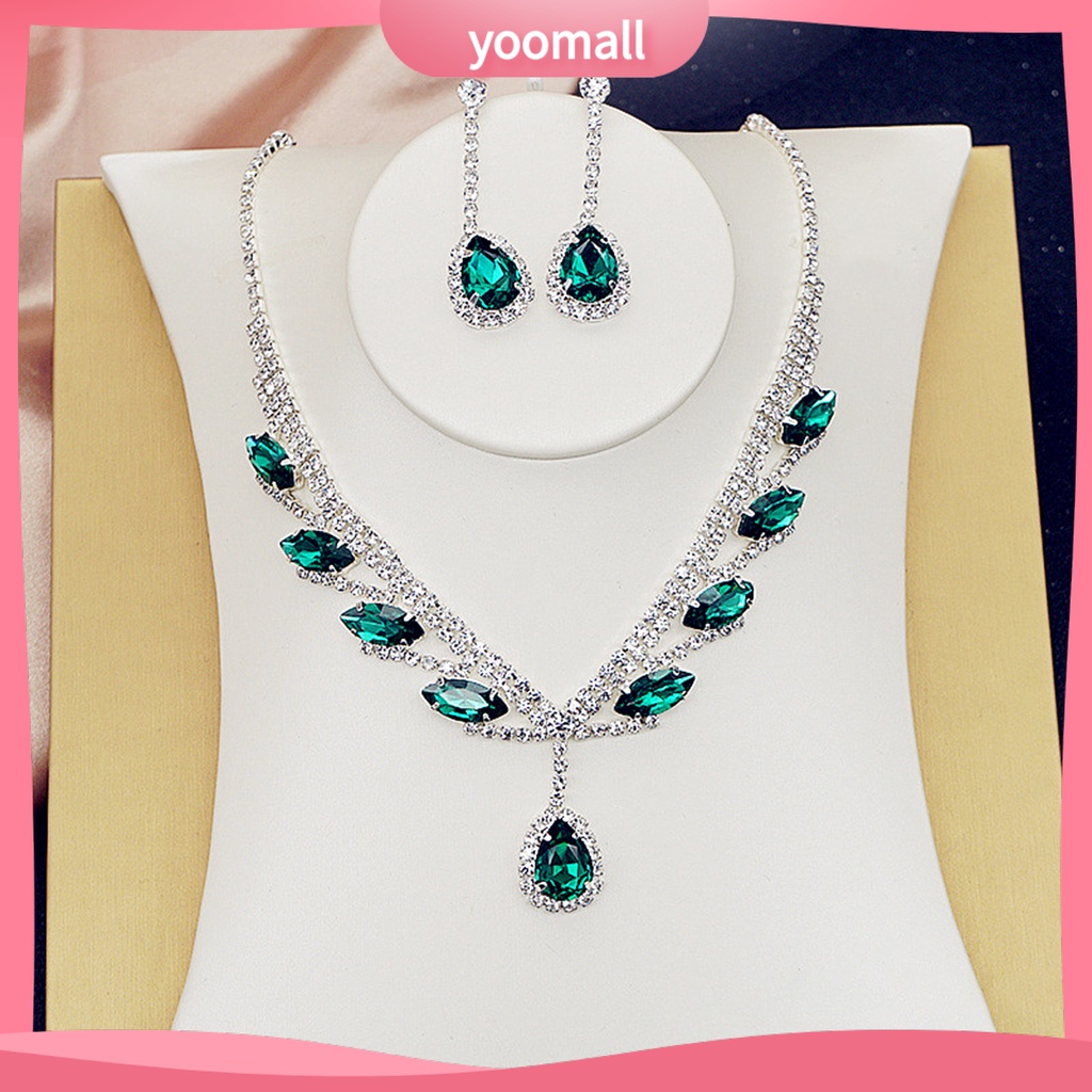 Yoomall| 1 Bộ Vòng cổ Và Bông Tai Mạ Điện Hình Giọt Nước Đính Đá Lấp Lánh Cho Cô Dâu