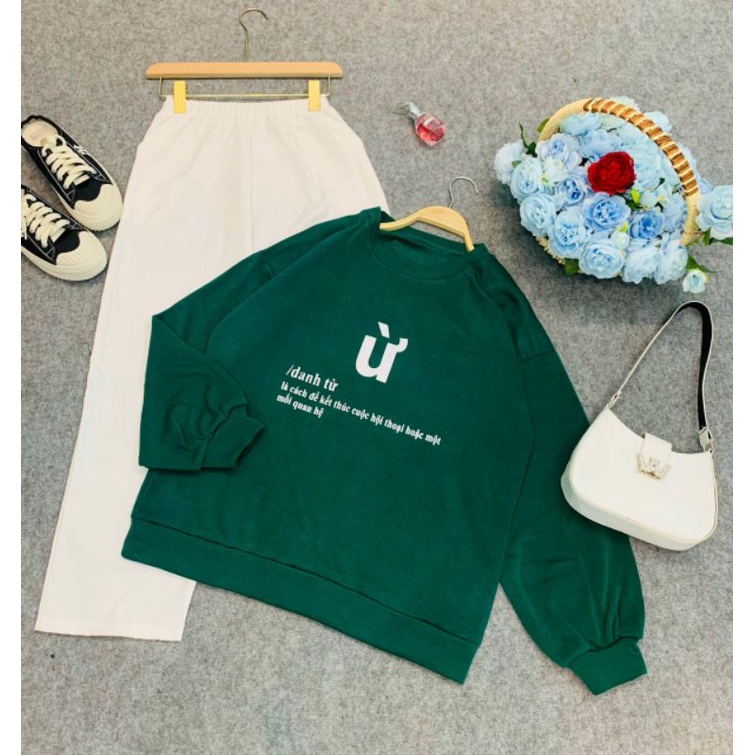 Set đồ nữ xinh, đồ bộ nữ quần kaki trắng mix áo sweater chữ ừ form tay bồng style thu đông phong cách hàn quốc