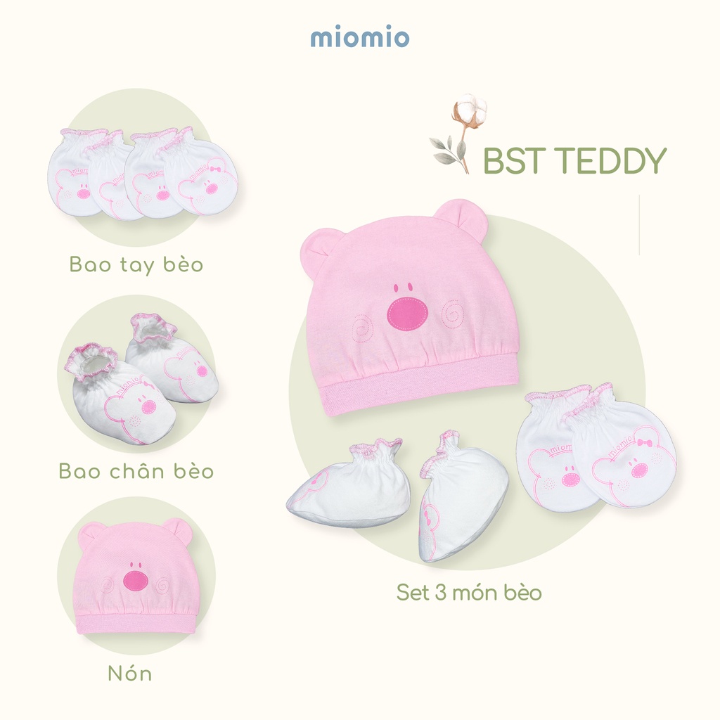 Bao Tay Bèo, Chân Bèo, Nón, Set 3 Món Phụ Kiện Bèo MIOMIO, Họa Tiết: Xe Nôi, Teddy, Gấu Mây Cho Bé Sơ Sinh