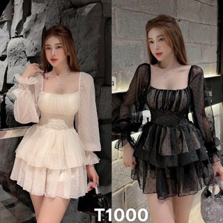 Đầm lưới chấm bi cổ vuông tay dài phối voan có mút T1000