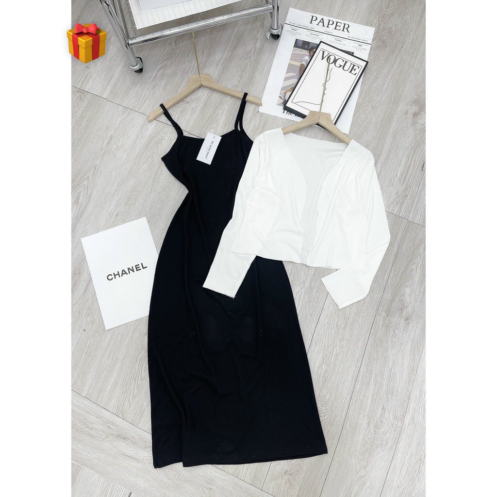 Sét đầm 2 dây dáng dài xòe trơn kèm áo khoác ngoài nhẹ cực hot , chất thun gân mềm mát