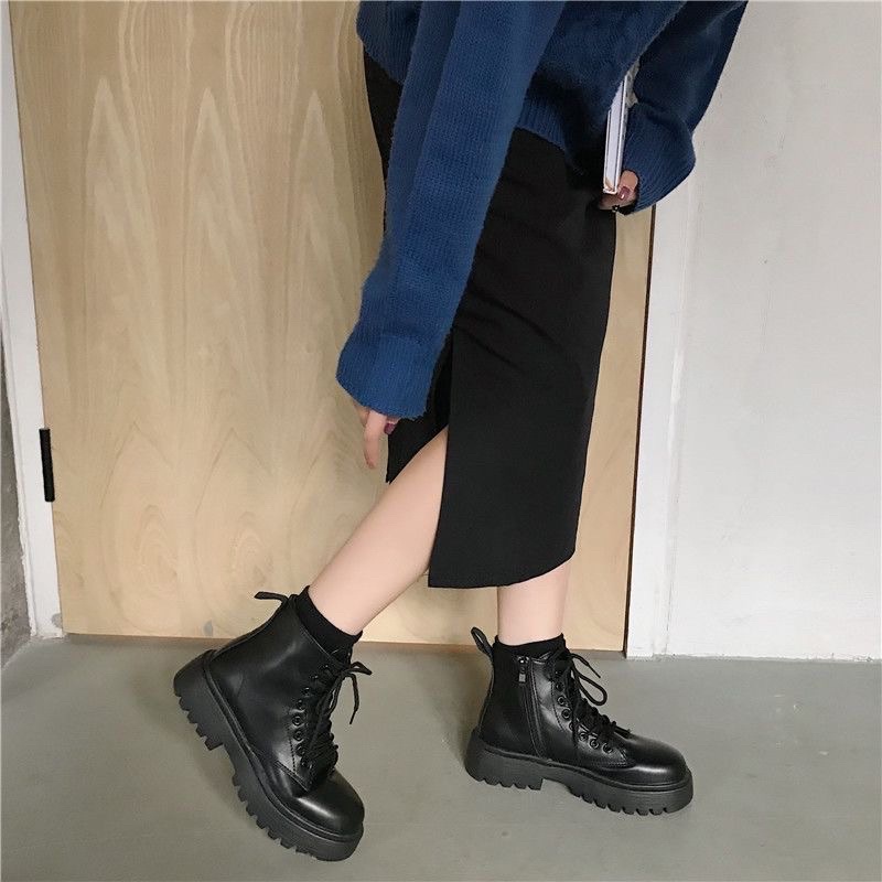 Giày Boot Nữ Ulzzang Mũi Tròn Đế Bằng Chất Da Mềm, Êm Chân