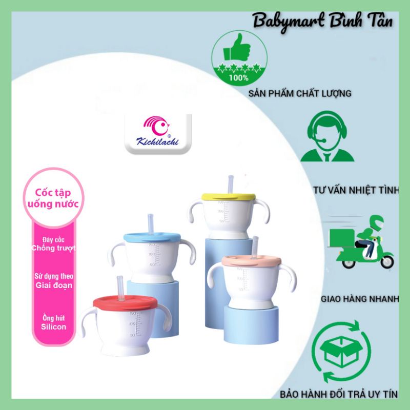 Cốc tập hút cho bé kichilachi 3 giai đoạn, có van đẩy giúp bé hút nước
