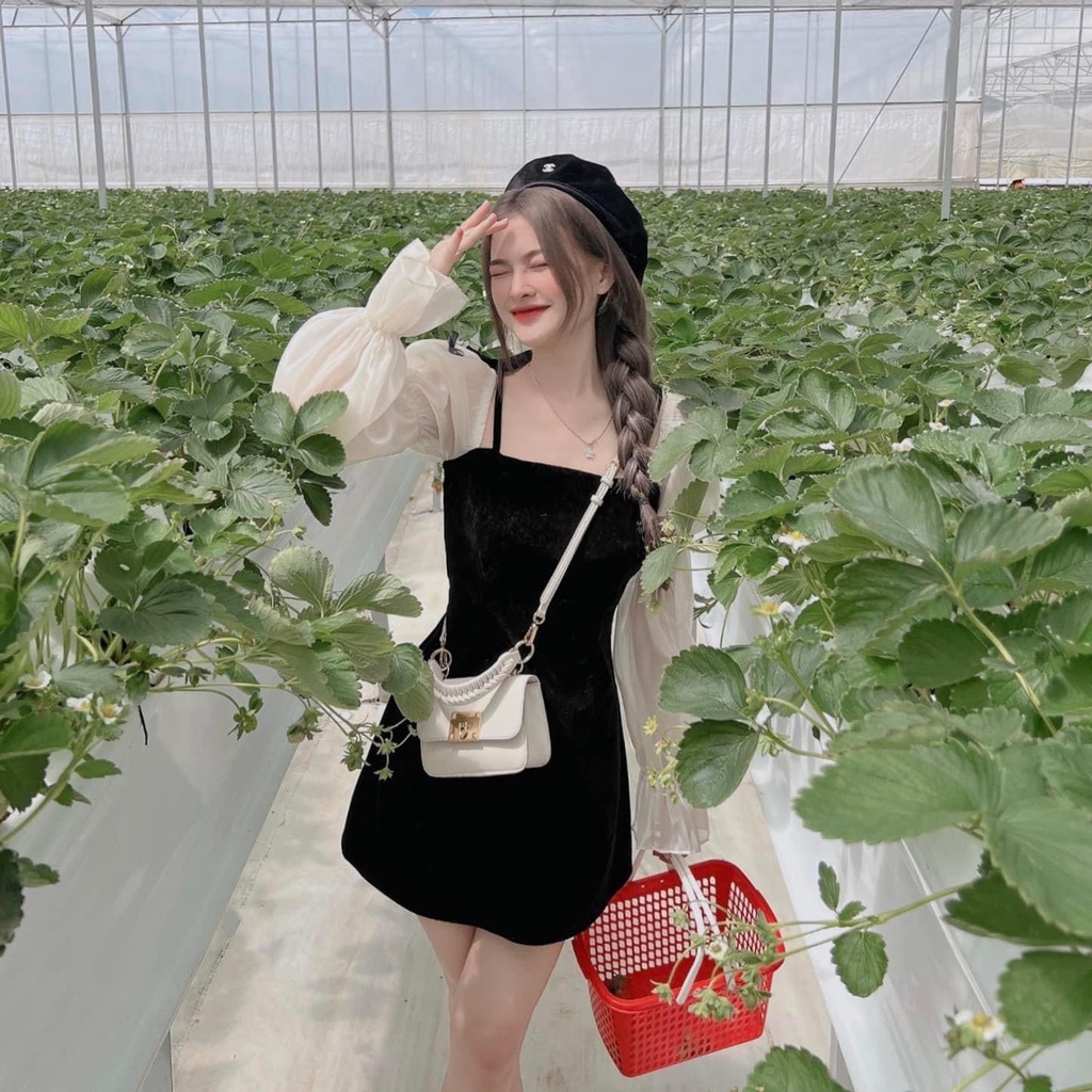 Đầm nhung chữ A Quảng Châu thiết kế tay tơ bồng dài đính nơ tiểu thư, Váy dự tiệc nữ sang trọng rẻ đẹp