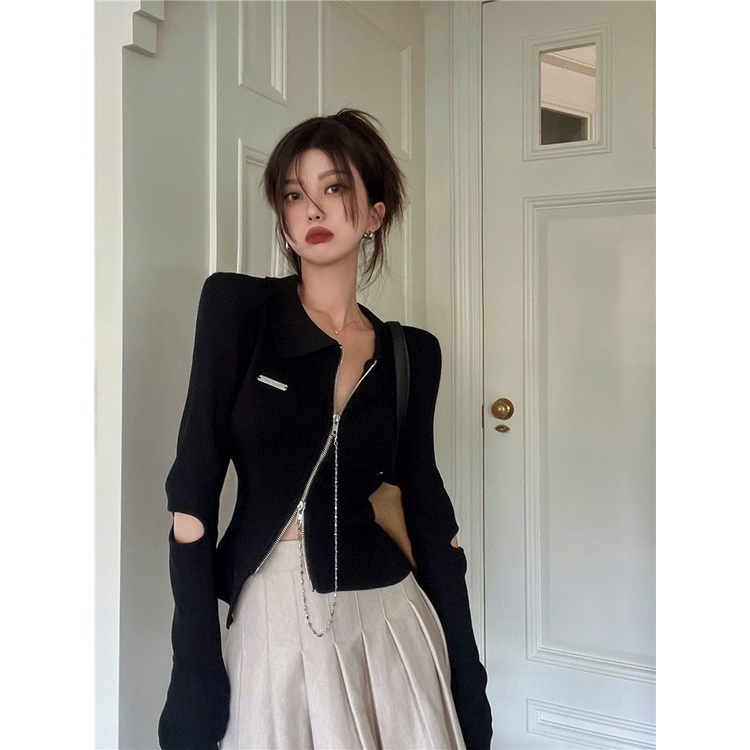 Áo Cardigan Dệt Kim Tay Dài Phối Khoá Kéo Thiết Kế Hợp Thời Trang