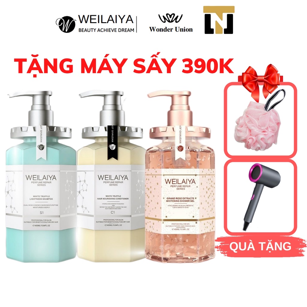 Combo Bộ dầu gội, Dầu xả nấm phục hồi, Sữa tắm trắng da Weilaiya (450ml x 3 chai)