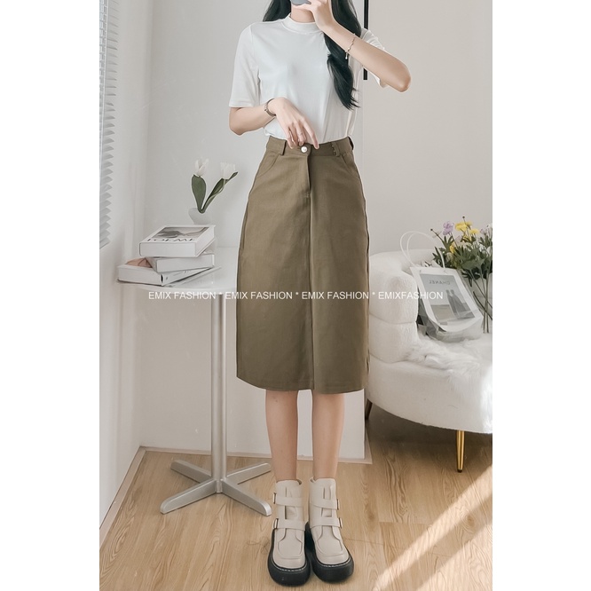 Chân váy jean chữ A EMIX, midi xẻ sau dáng dài, cạp cao, chất jeans mềm 6701