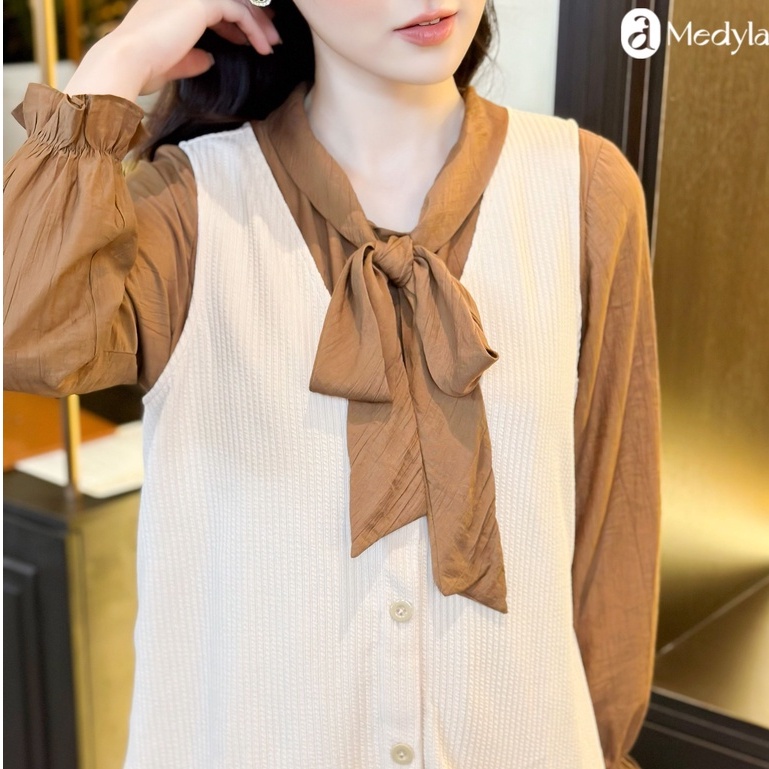 MEDYLA - Đầm bầu dự tiệc thu đông thiết kế set váy đũi nâu phối áo gile len màu be - VS1143