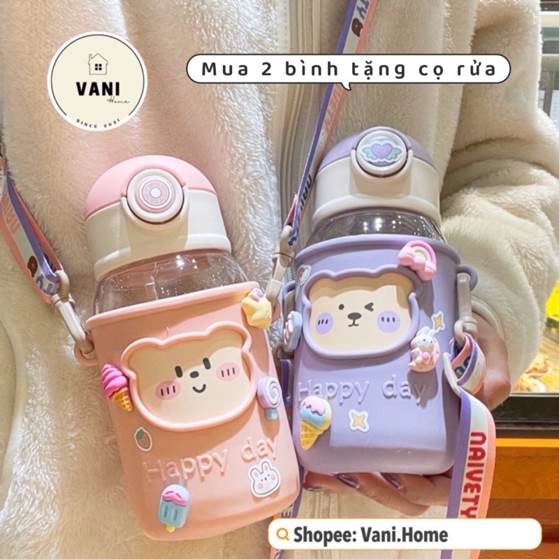 Bình đựng nước hình gấu HAPPY 620ml có quai đeo ( TẶNG Sticker 2D&3D và ỐNG HÚT) kiểu dáng dễ thương cho bé và học sinh