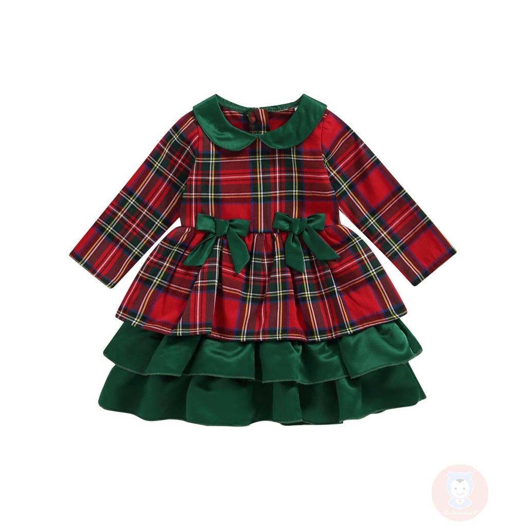 Đầm Tay Dài Cổ Búp Bê Đính Nơ Họa Tiết Sọc Caro Phong Cách Giáng Sinh Dễ Thương Cho Bé Gái LAA6