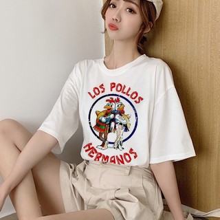 Áo Thun Nữ Tay Lỡ Màu Trắng In Hình Gà Hoạt Hình LOS POLLOS MYROSE169