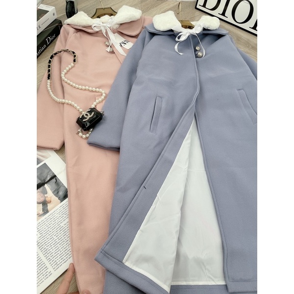 Áo dạ dáng dài kèm cổ lông Hàn Quốc tiểu thư sang chảnh nhiều màu pastel