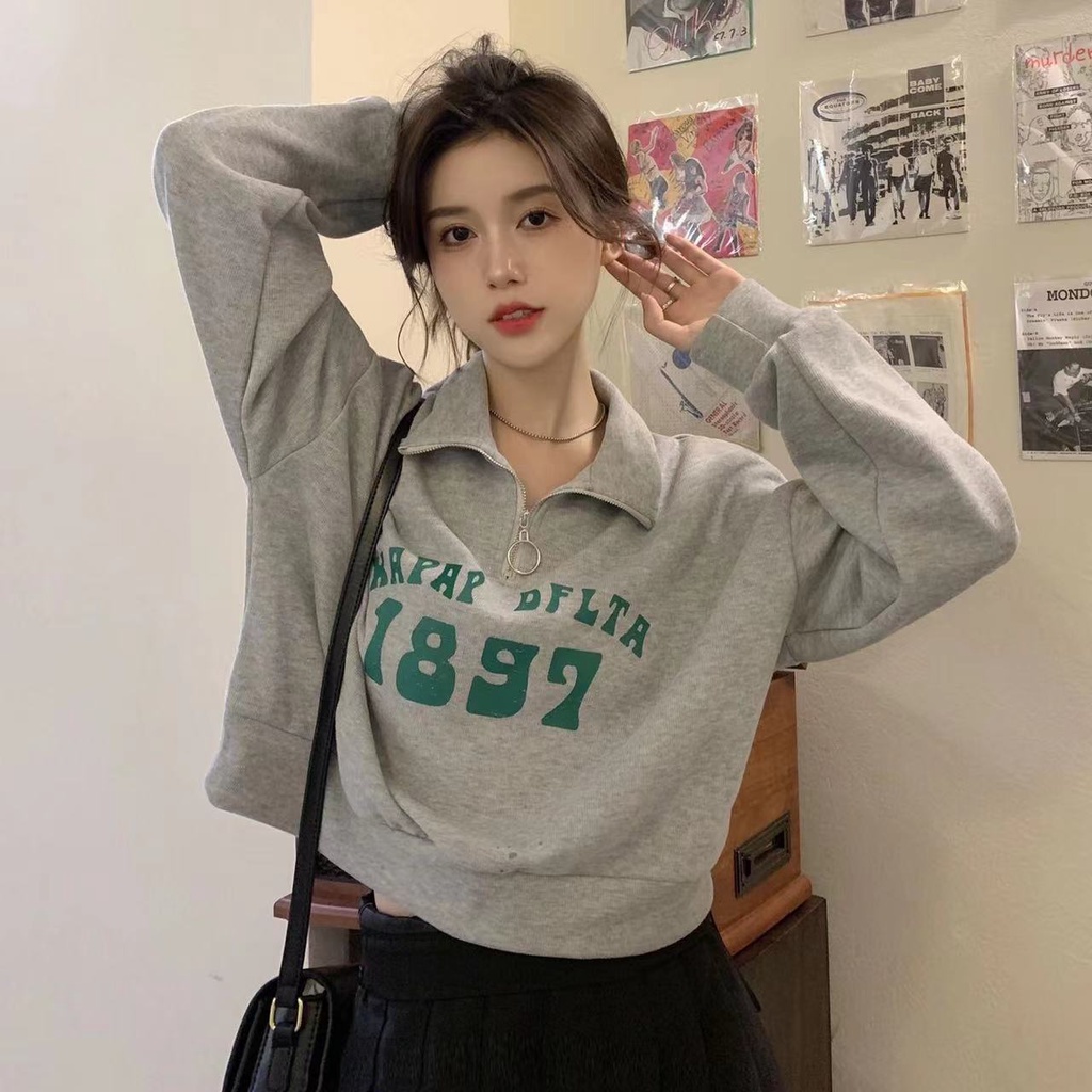Áo thun SUXI tay dài cổ bẻ có khóa kéo thời trang mùa thu Hàn Quốc mới dành cho nữ