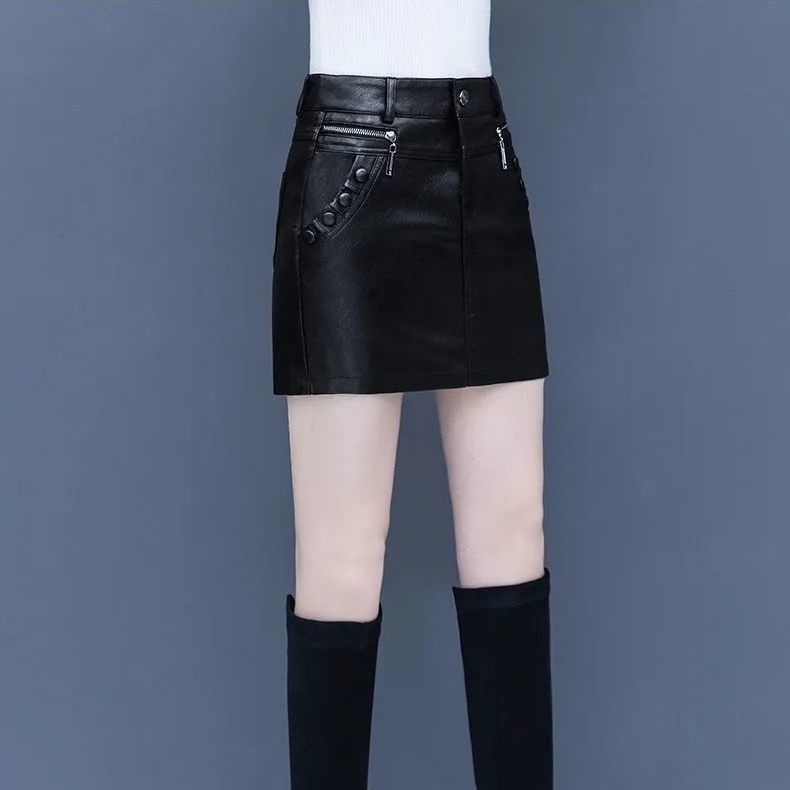 Chân Váy Da Ngắn Lưng Cao Dáng Ôm Có Khóa Kéo Phong Cách Hàn Quốc Thời Trang Thu Đông Cho Nữ