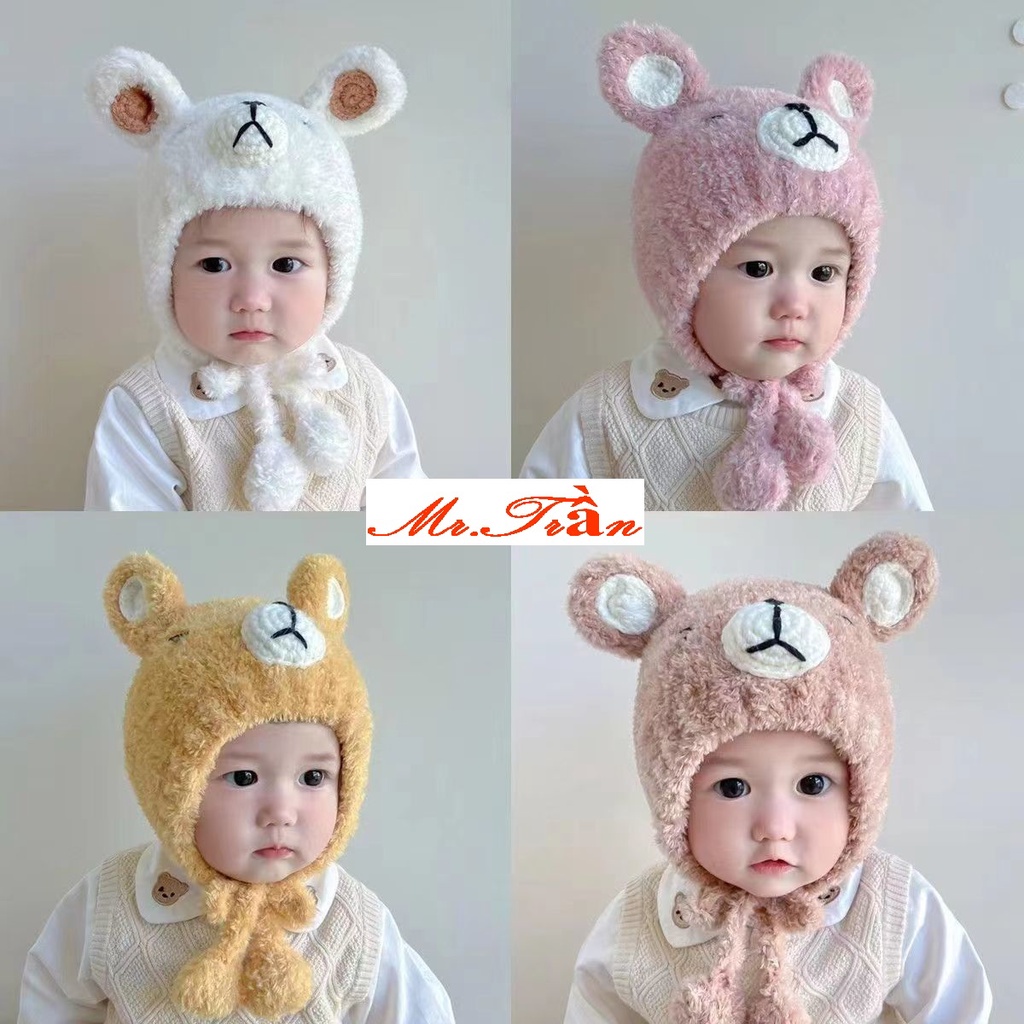 Mũ len GẤU Nhắm Mắt cho bé trai bé gái từ 5-24 tháng rất ấm có bịt tai