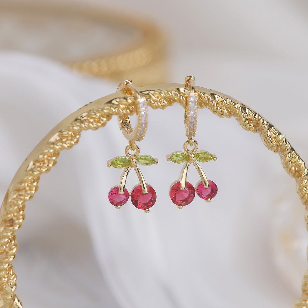 Bông Tai Mạ Vàng 18K Hình Trái cherry Đỏ Đính Đá Zircon