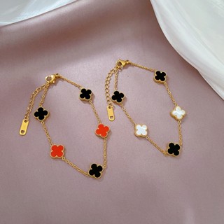 DALATI Vòng Đeo Tay May Mắn Bằng Thép Titan Họa Tiết Hoa Bốn Lá Màu Trắng Đen Thanh Lịch Dành Cho Nữ