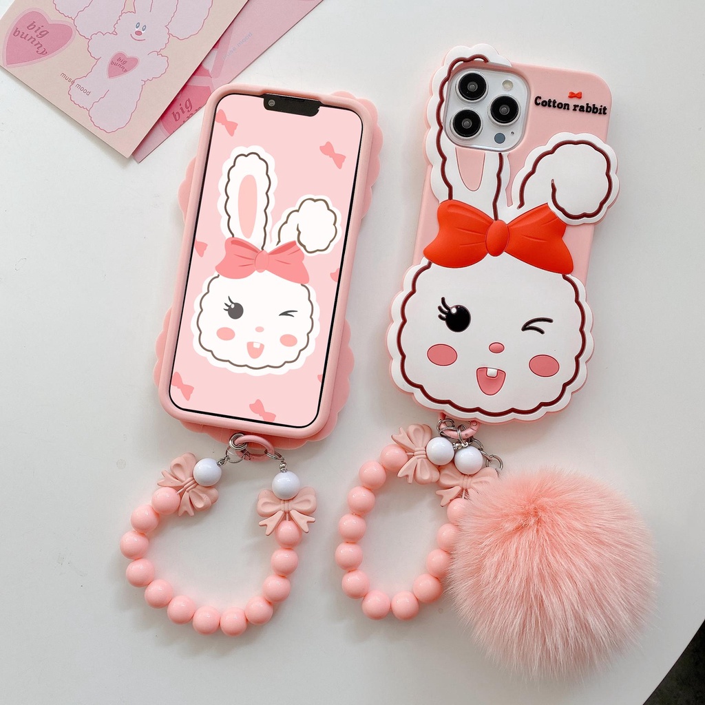 Ốp Điện Thoại TPU Silicon Mềm Chống Sốc Bảo Vệ Toàn Diện Đính Bóng Lông Thỏ / Nơ 3D Cho iPhone 14 13 12 11 Pro Max